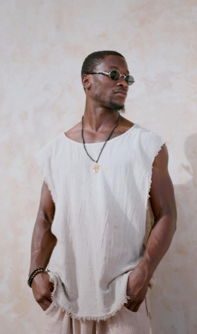 Aiden Shirt-Handwoven Men's Boho Top – Natural Linen Sleeveless Tunic