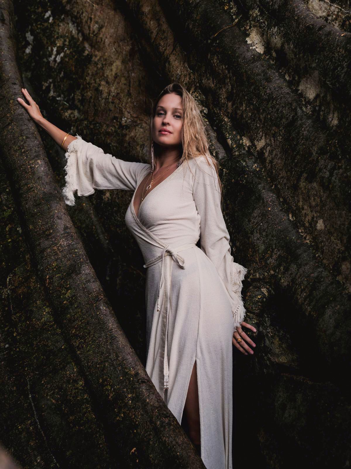 Ayumi Kimono in Natural White - Organic Cotton and Linen Blend with Shimmering Trims and Customizable Beaded Belt, showcasing Artisan Craftsmanship for Sustainable Elegance.