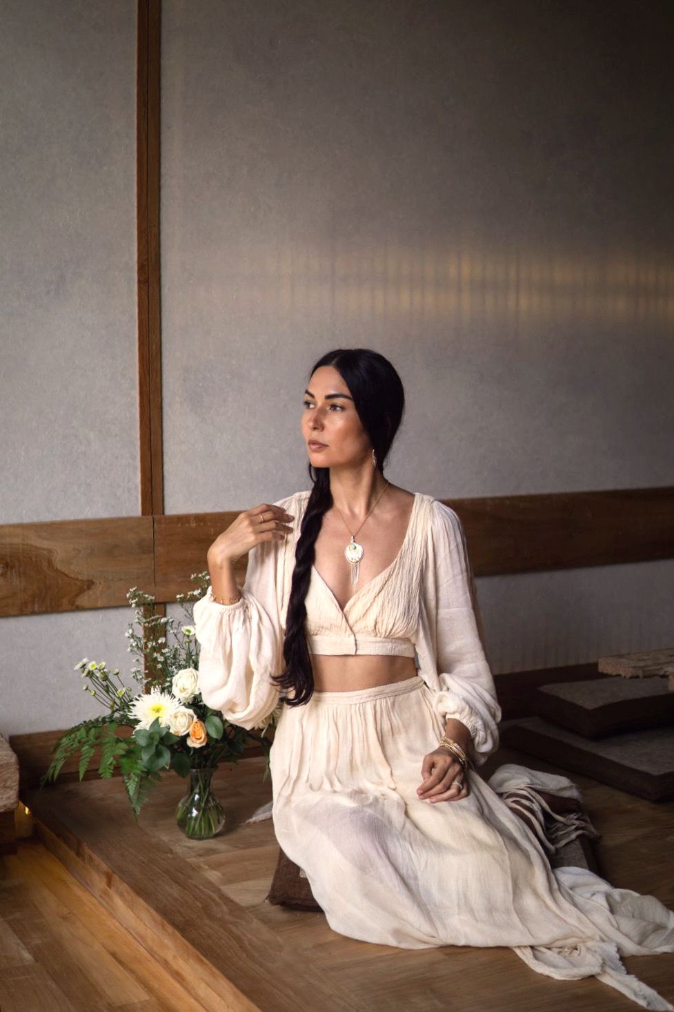 Versatile Organic Cotton, Bamboo, and Linen Blend Garment with Braided Detail and Airy Sleeves, Perfect for Relaxed Elegance.